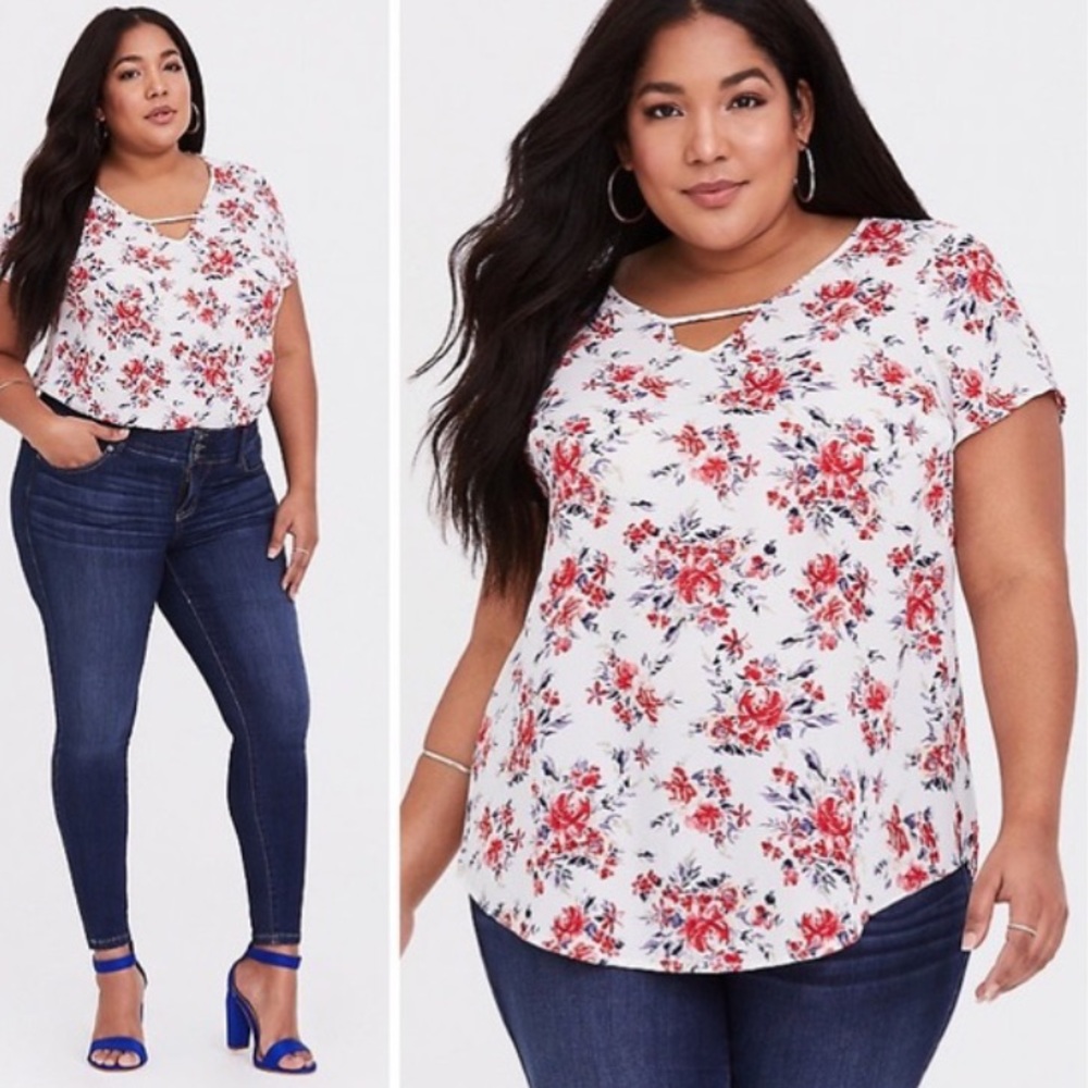 Torrid Floral Ivory Georgette Keyhole Floral Blouse Size 3